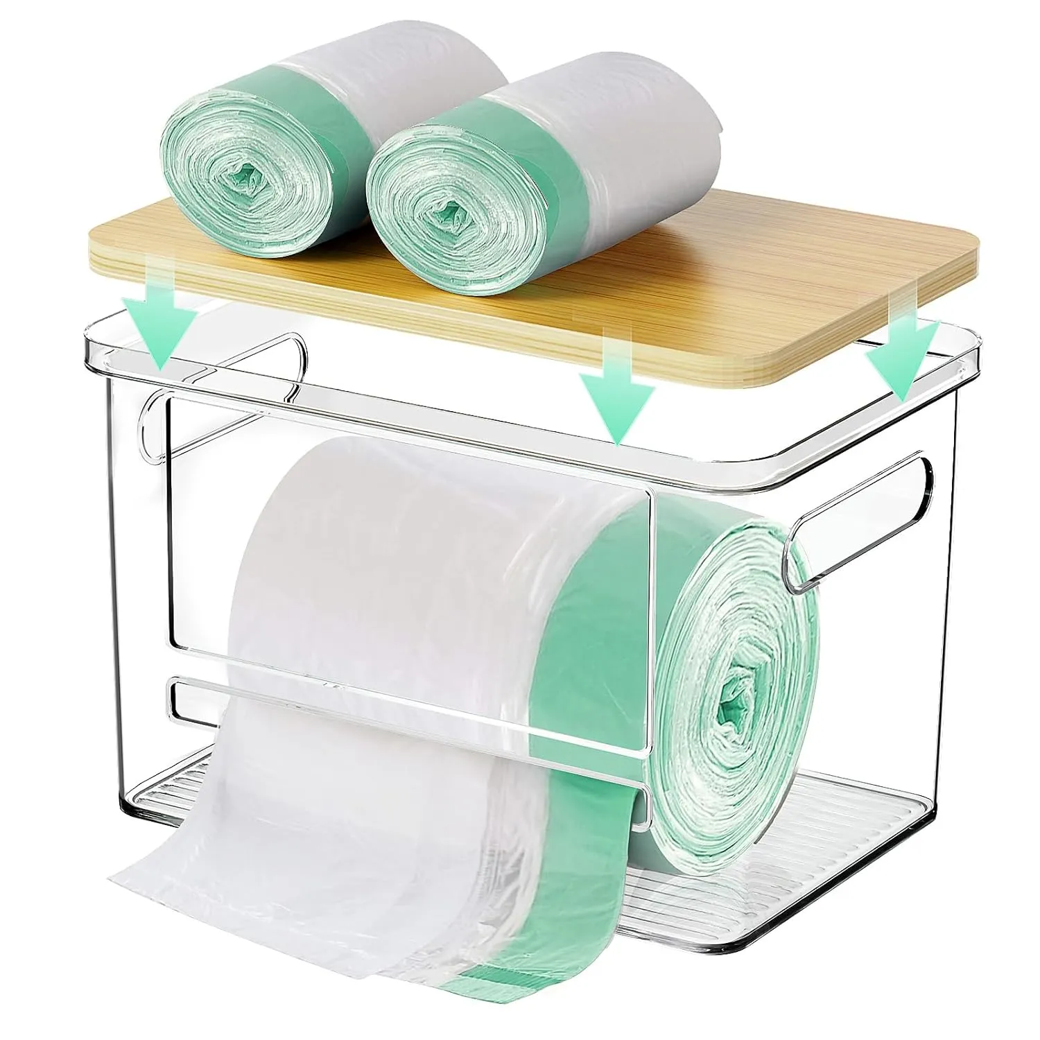 Trash Bag Holder Dispenser,Open Front Stackable Storage Bins,Acrylic Garbage Bag Storage with Bamboo Top and Handles for Kitchen,Under Sink,Laundry Room Organization