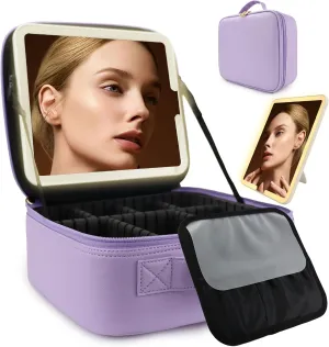 Travel Makeup Bag for Women and Makeup Artists Cosmetic Organizer Large Makeup Case,Travel Makeup Bag with Mirror 3 Color Setting,Portable Storage and Adjustable Dividers Makeup Bag(Purple)