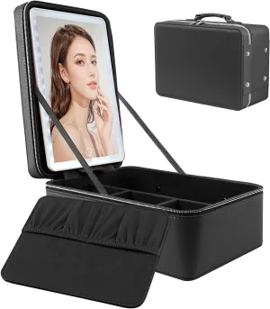 Travel Makeup Bag with LED Mirror, Portable Cosmetic Train Case with Light Up Mirror, Make up Case with Lighted Mirror, 3 Color Brightness, Makeup Box Organizer Beauty Tools Case Rechargeable (Black)