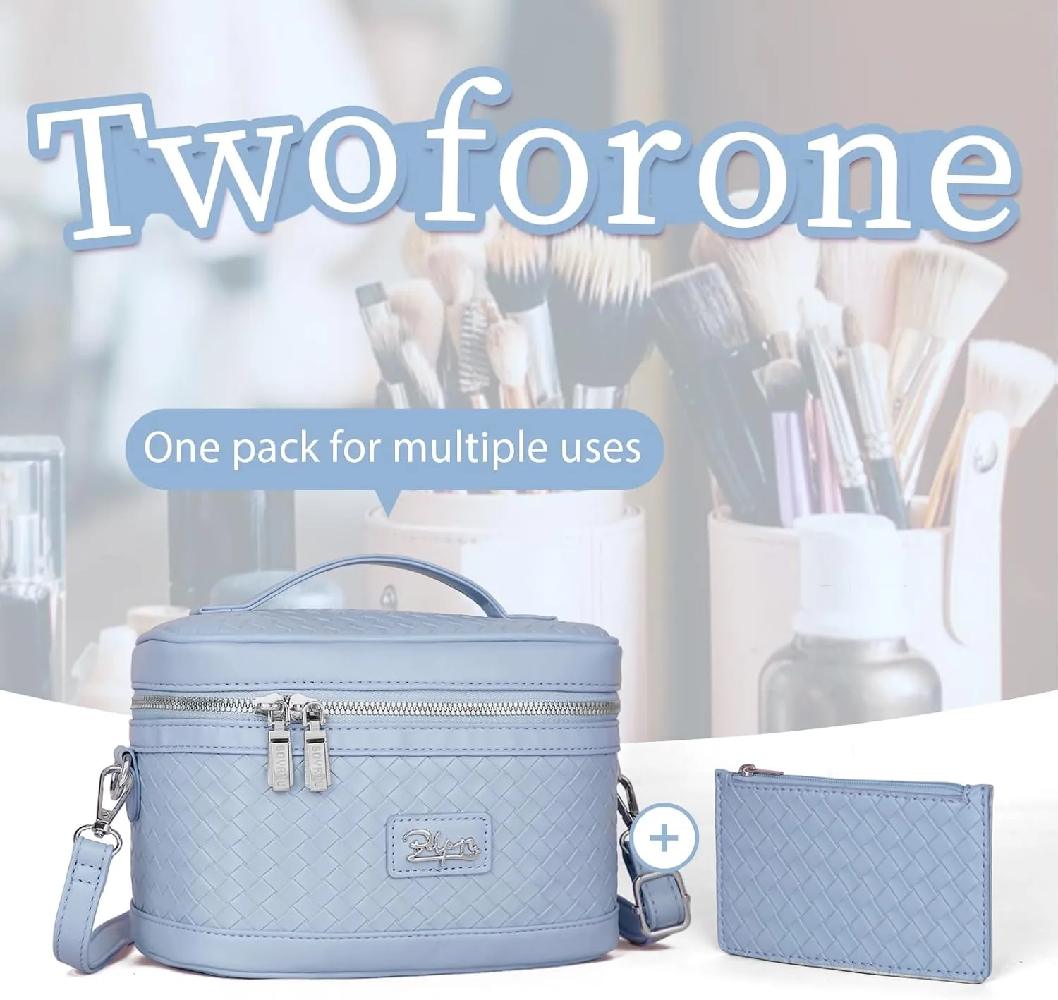 Travel Makeup Bags Cosmetic Organizer Bag: Large Capacity Make up Bag Case with Mirror Set of 2 - Crossbody Toiletry Bag for Women (Blue)