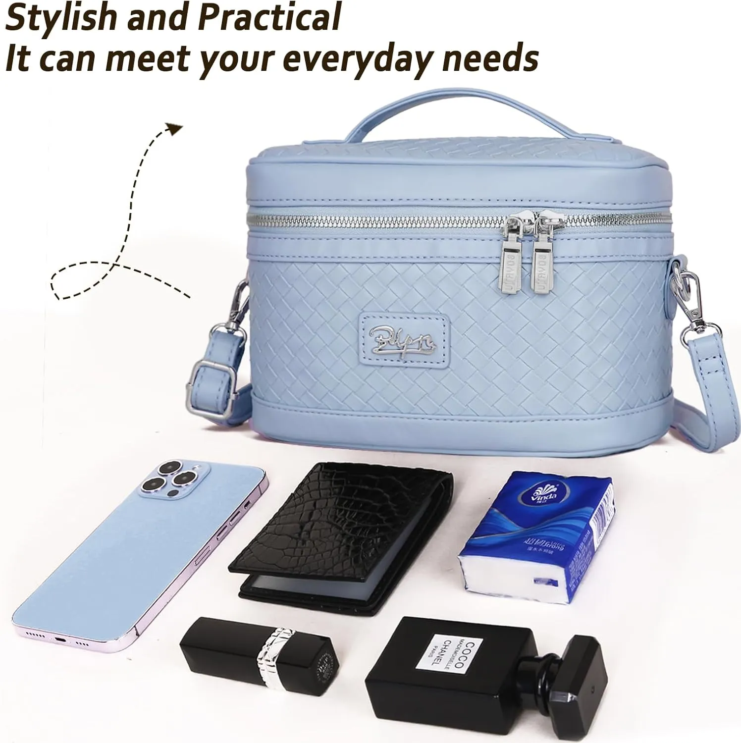 Travel Makeup Bags Cosmetic Organizer Bag: Large Capacity Make up Bag Case with Mirror Set of 2 - Crossbody Toiletry Bag for Women (Blue)