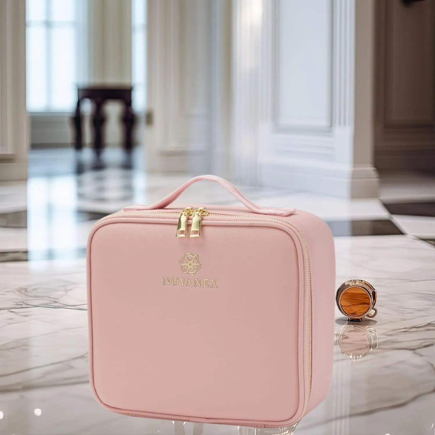 Travel Makeup Case: Waterproof makeup bag with led mirror, Portable Artist Organizer with Adjustable Dividers, Makeup Brush Holder, Lighted Case, Train case with light up mirror- (Pink)