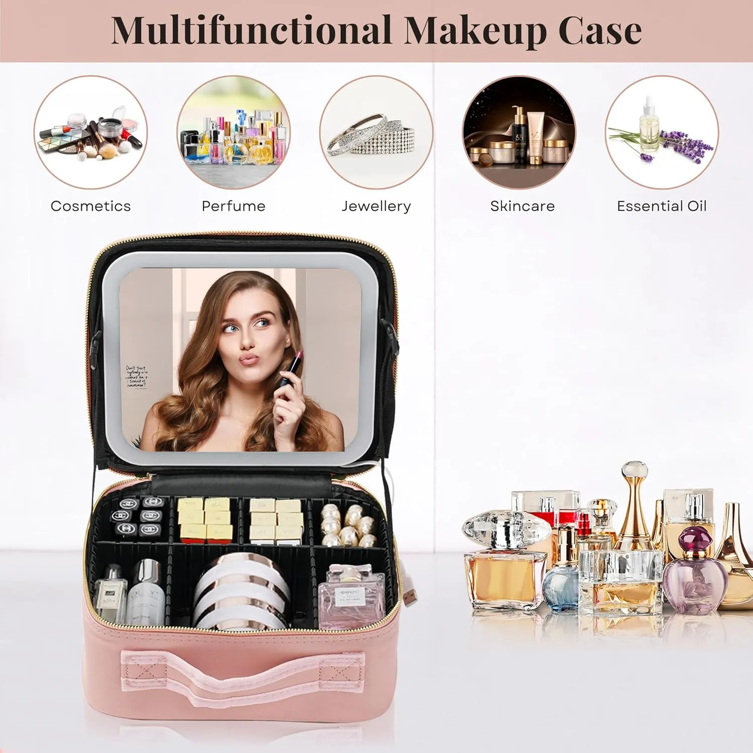 Travel Makeup Case: Waterproof makeup bag with led mirror, Portable Artist Organizer with Adjustable Dividers, Makeup Brush Holder, Lighted Case, Train case with light up mirror- (Pink)
