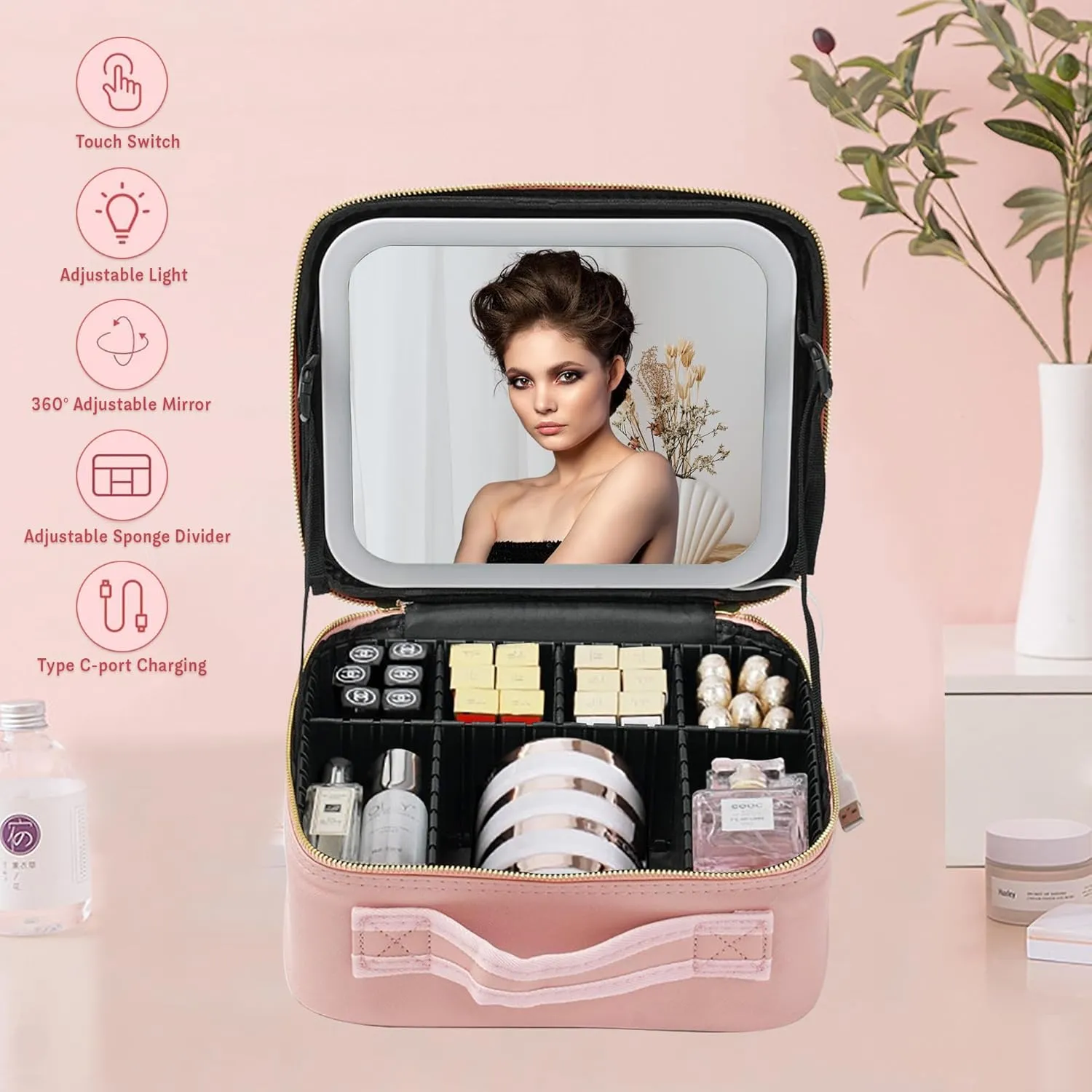 Travel Makeup Case: Waterproof makeup bag with led mirror, Portable Artist Organizer with Adjustable Dividers, Makeup Brush Holder, Lighted Case, Train case with light up mirror- (Pink)
