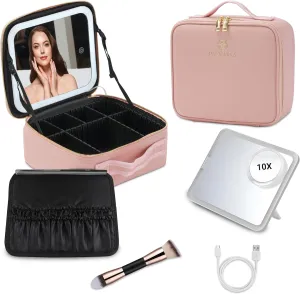 Travel Makeup Case: Waterproof makeup bag with led mirror, Portable Artist Organizer with Adjustable Dividers, Makeup Brush Holder, Lighted Case, Train case with light up mirror- (Pink)