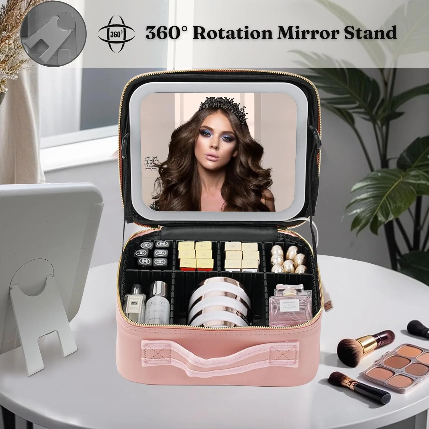 Travel Makeup Case: Waterproof makeup bag with led mirror, Portable Artist Organizer with Adjustable Dividers, Makeup Brush Holder, Lighted Case, Train case with light up mirror- (Pink)