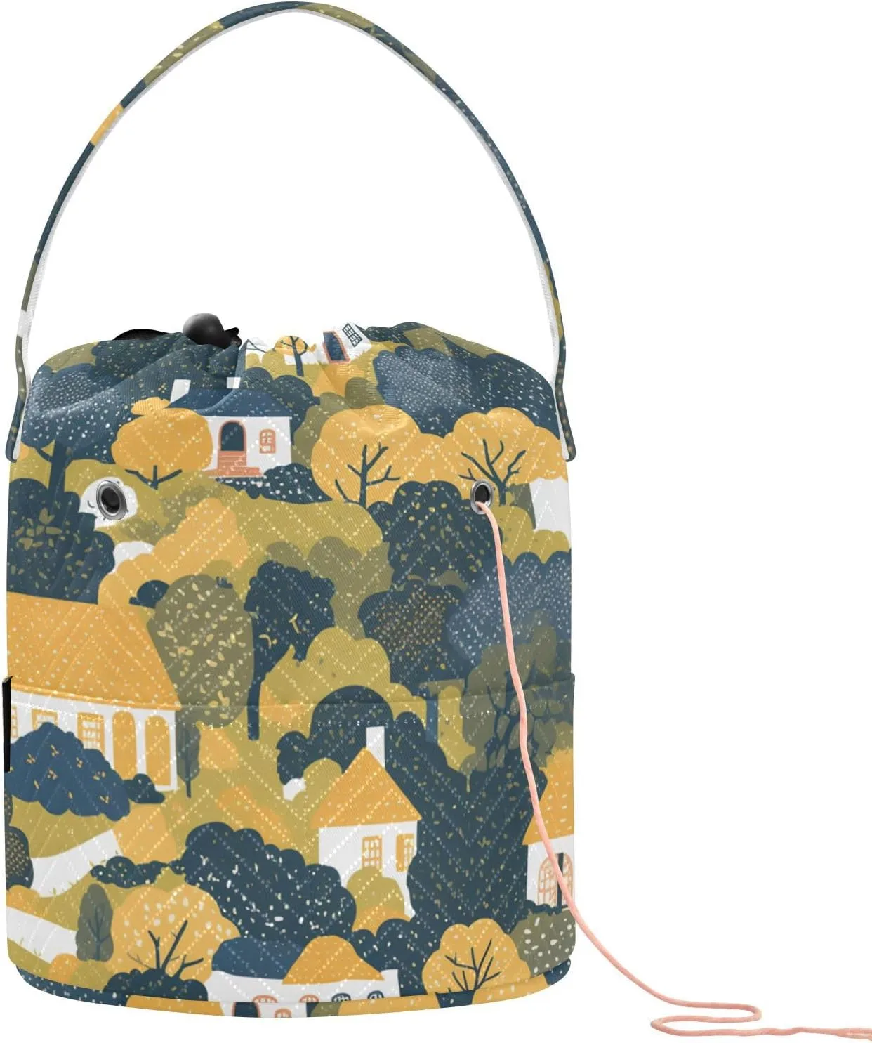 Trees Houses Yarn Bag Crochet Travel Bag with Holes Travel Bag for Needle Holder Crochet Accessory