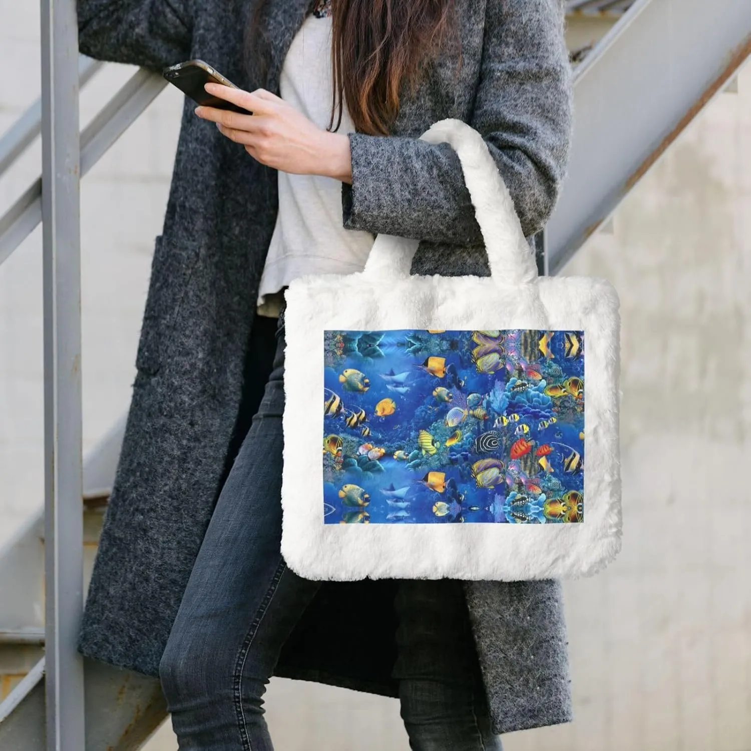 Tropical Fishes Printing Soft Plush Handbag For Womens Tote Bag For Women,Women Satchel Bags Wallet Purse For Gifts