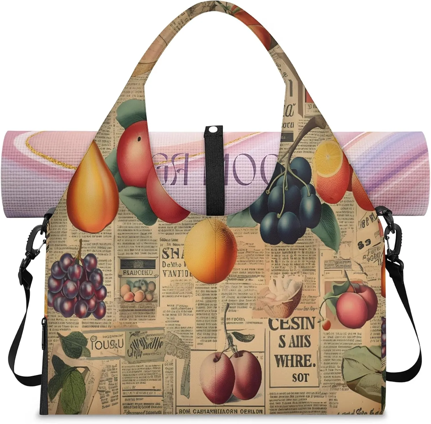 TropicalLife Fruit Vintage Newspaper Gym Bags for Women with Yoga Mat Holder, Yoga Tote Bag Travel Duffle Bag Workout Weekender Carry on Overnight Bags