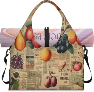 TropicalLife Fruit Vintage Newspaper Gym Bags for Women with Yoga Mat Holder, Yoga Tote Bag Travel Duffle Bag Workout Weekender Carry on Overnight Bags