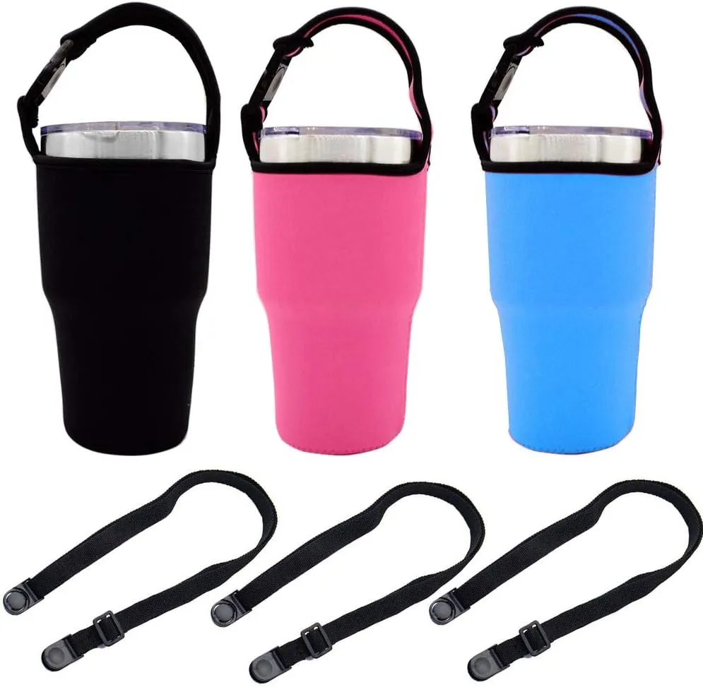 Tumbler 30oz Carrier Holder Pouch with Shoulder Strap, Fit for YETI, Rtic, Atlin, Ozark Trail, Rambler, Neoprene Sleeve with Carrying Handle - Black, Blue, Pink