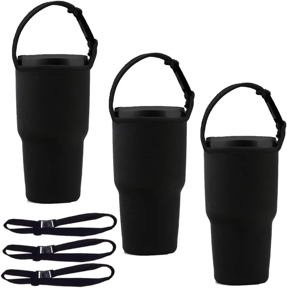 Tumbler 30oz Carrier Holder Pouch with Shoulder Strap, for Rtic, Atlin, Ozark Trail,YETI Rambler Insulated Tumbler Coffee Cup by Hoomtry(3Pack) (Black)