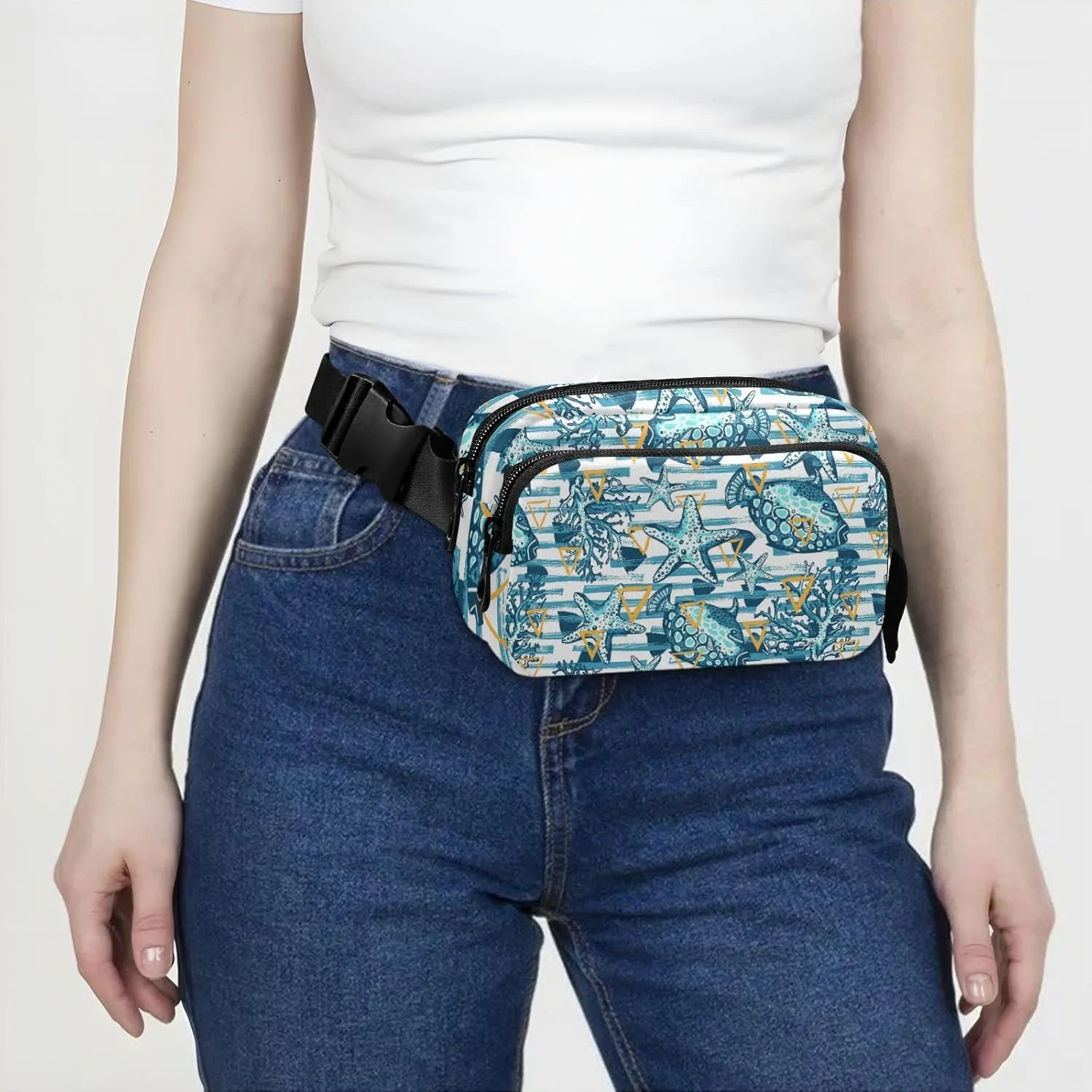 Turquoise Blue Fishes, Corals, Starfishes Stripes Yellow Triangles Adjustable Belt Running Bag, Crossbody Fanny Pack Waist Runners Bag Tote for Women Men Sports Hiking Fitness Exercise Gym Pouch