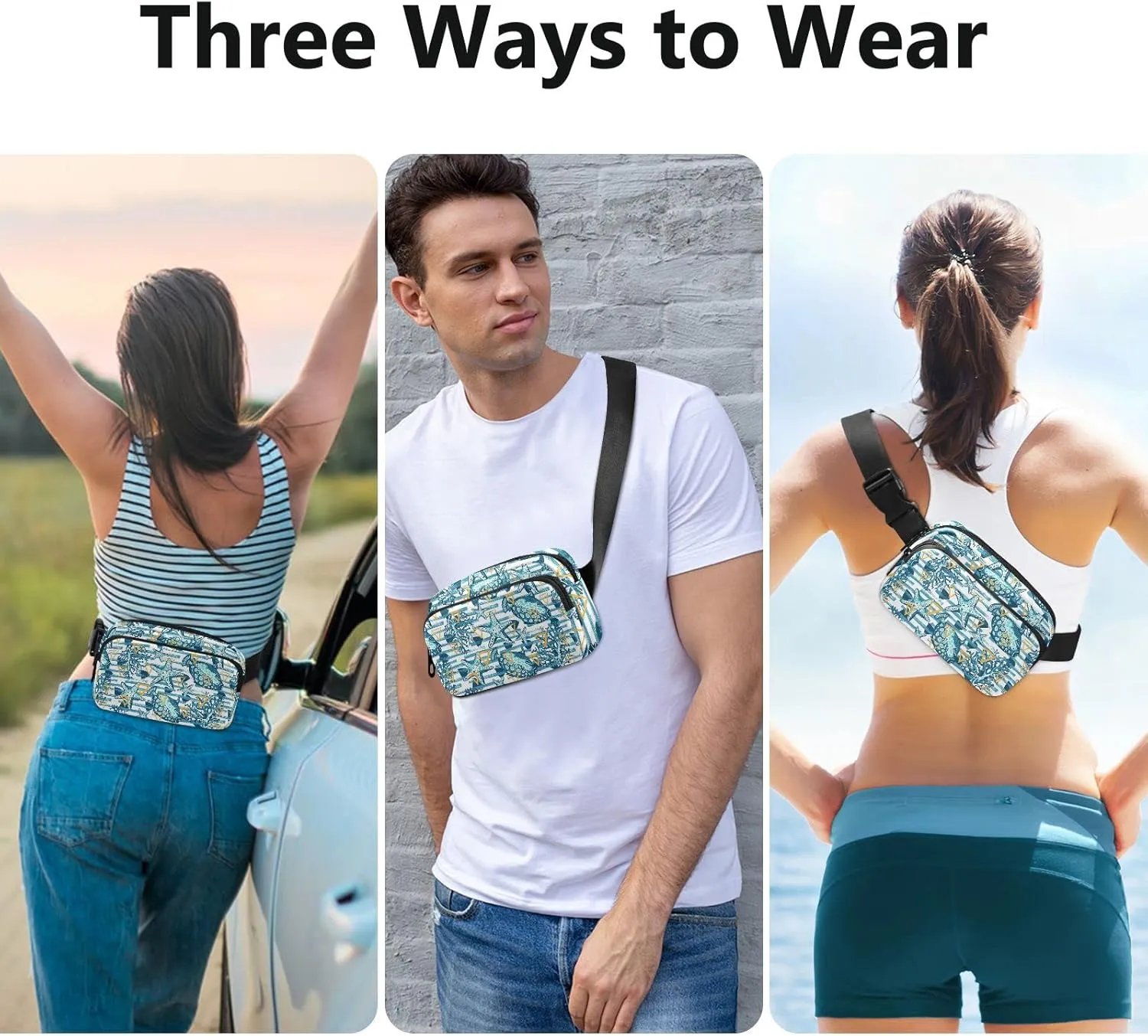 Turquoise Blue Fishes, Corals, Starfishes Stripes Yellow Triangles Adjustable Belt Running Bag, Crossbody Fanny Pack Waist Runners Bag Tote for Women Men Sports Hiking Fitness Exercise Gym Pouch