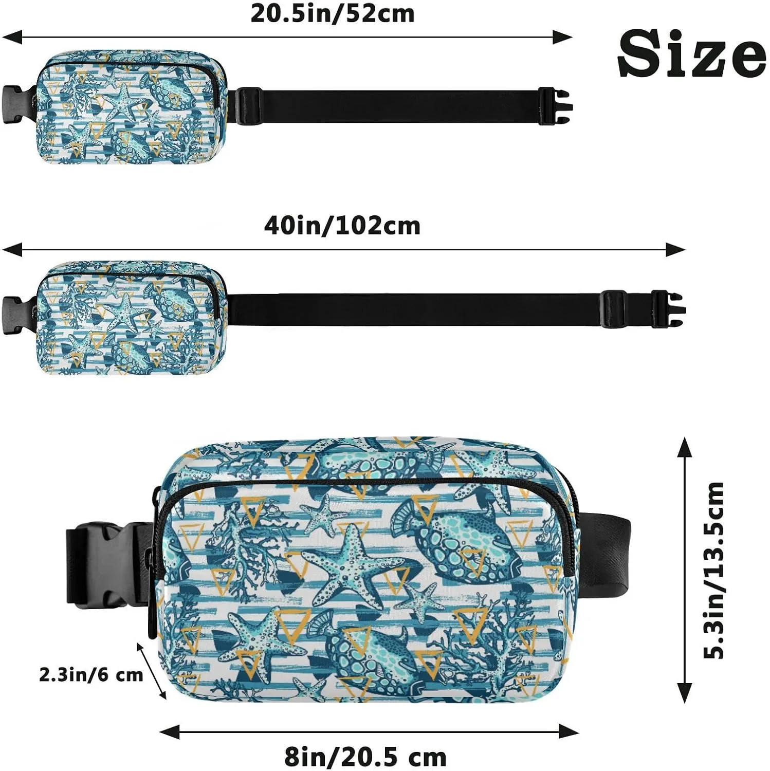 Turquoise Blue Fishes, Corals, Starfishes Stripes Yellow Triangles Adjustable Belt Running Bag, Crossbody Fanny Pack Waist Runners Bag Tote for Women Men Sports Hiking Fitness Exercise Gym Pouch