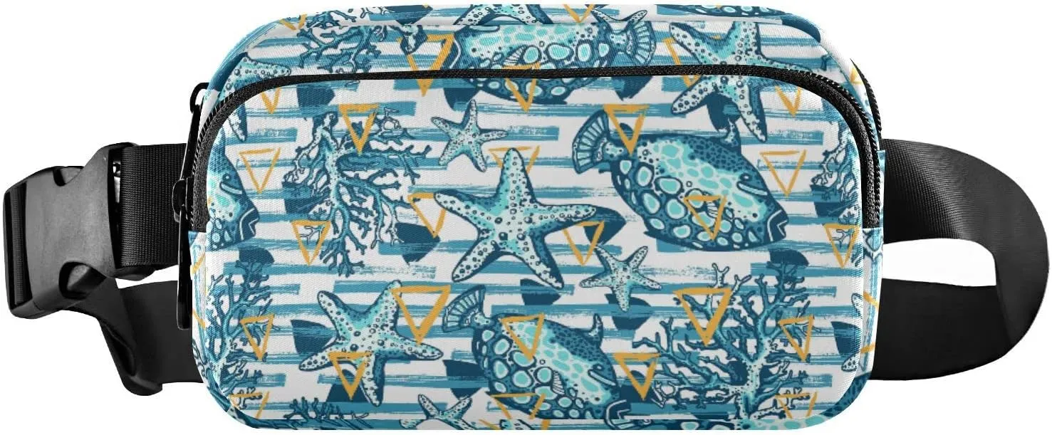 Turquoise Blue Fishes, Corals, Starfishes Stripes Yellow Triangles Adjustable Belt Running Bag, Crossbody Fanny Pack Waist Runners Bag Tote for Women Men Sports Hiking Fitness Exercise Gym Pouch