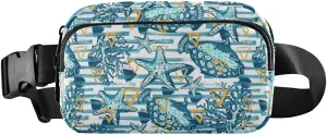 Turquoise Blue Fishes, Corals, Starfishes Stripes Yellow Triangles Adjustable Belt Running Bag, Crossbody Fanny Pack Waist Runners Bag Tote for Women Men Sports Hiking Fitness Exercise Gym Pouch