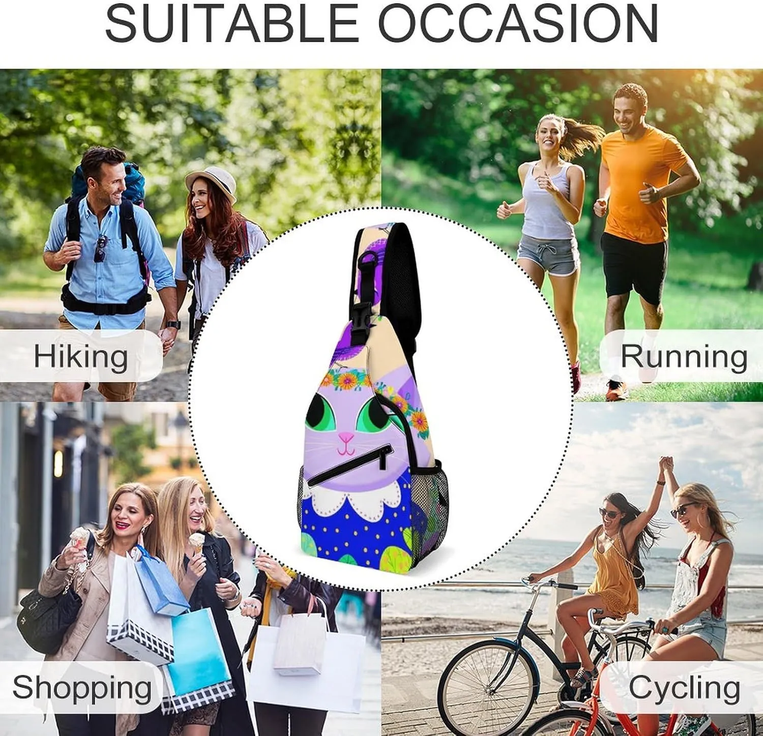 Ultra Lightweight Sling Shoulder Backpack Shoulder Chest Crossbody Bag Multipurpose Anti-Theft Daypack for Hiking Cycling Camping Travel, Cartoon Cats Birds Flowers Childlike And Dreamy Art Bookbag