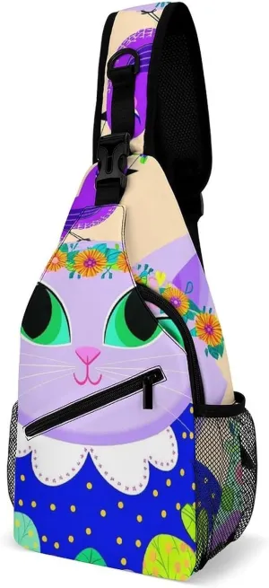 Ultra Lightweight Sling Shoulder Backpack Shoulder Chest Crossbody Bag Multipurpose Anti-Theft Daypack for Hiking Cycling Camping Travel, Cartoon Cats Birds Flowers Childlike And Dreamy Art Bookbag