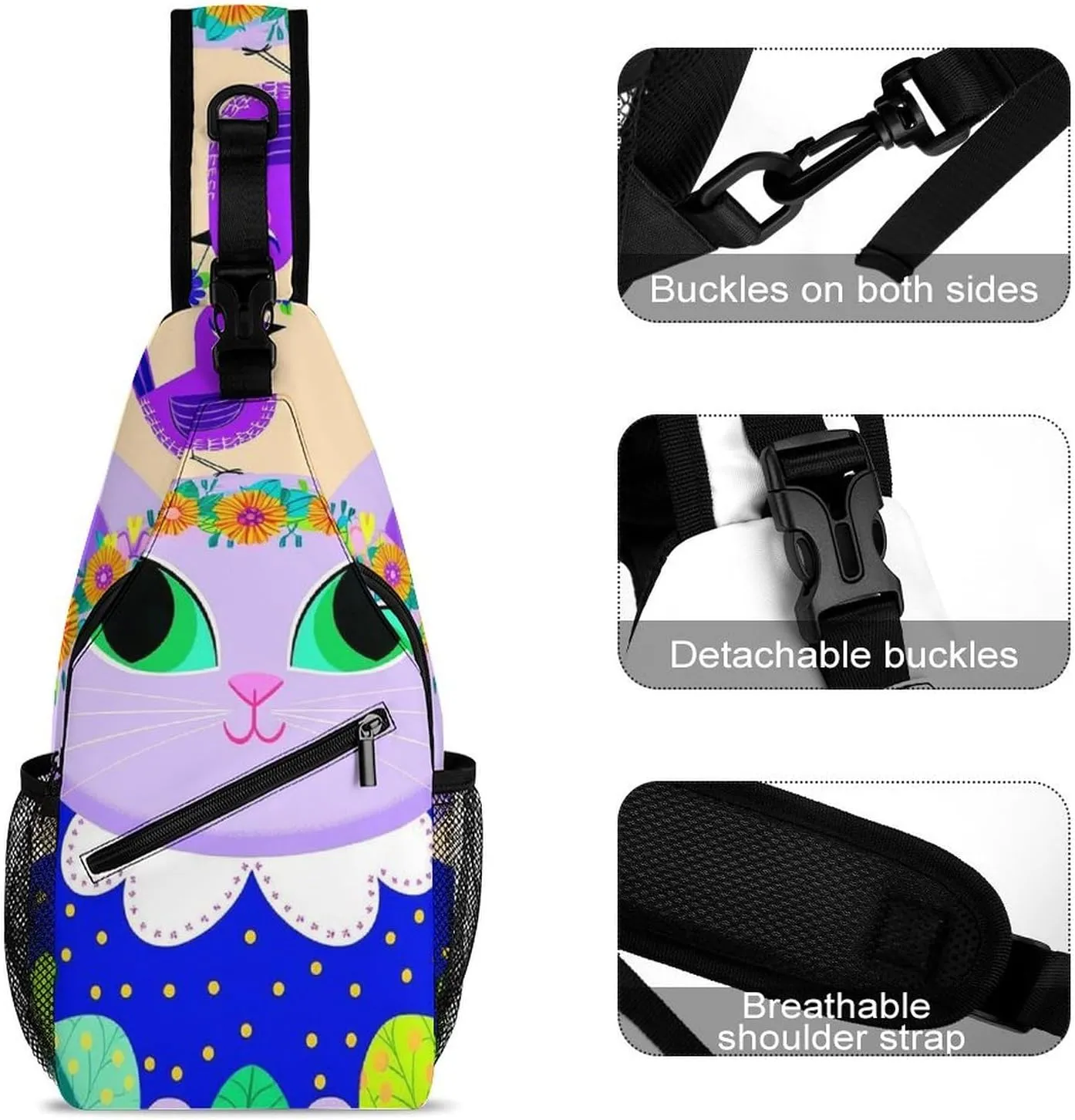 Ultra Lightweight Sling Shoulder Backpack Shoulder Chest Crossbody Bag Multipurpose Anti-Theft Daypack for Hiking Cycling Camping Travel, Cartoon Cats Birds Flowers Childlike And Dreamy Art Bookbag