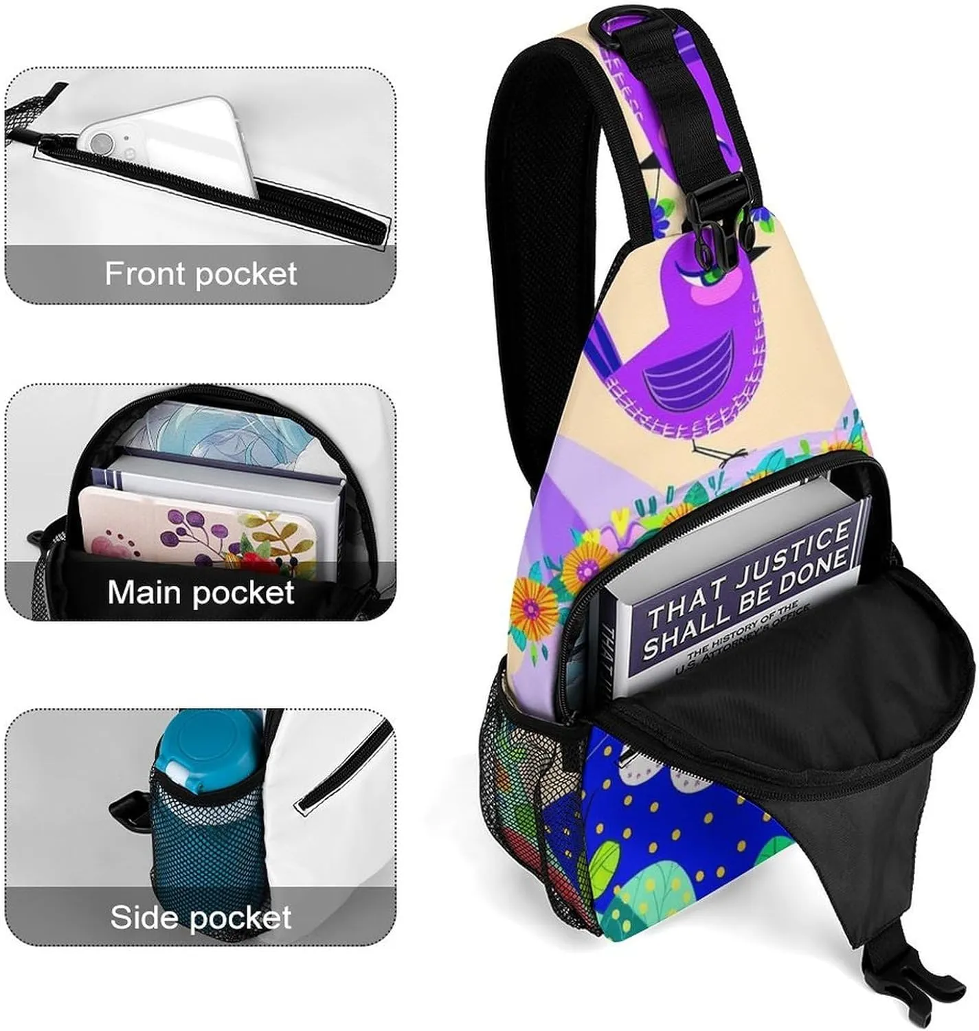Ultra Lightweight Sling Shoulder Backpack Shoulder Chest Crossbody Bag Multipurpose Anti-Theft Daypack for Hiking Cycling Camping Travel, Cartoon Cats Birds Flowers Childlike And Dreamy Art Bookbag