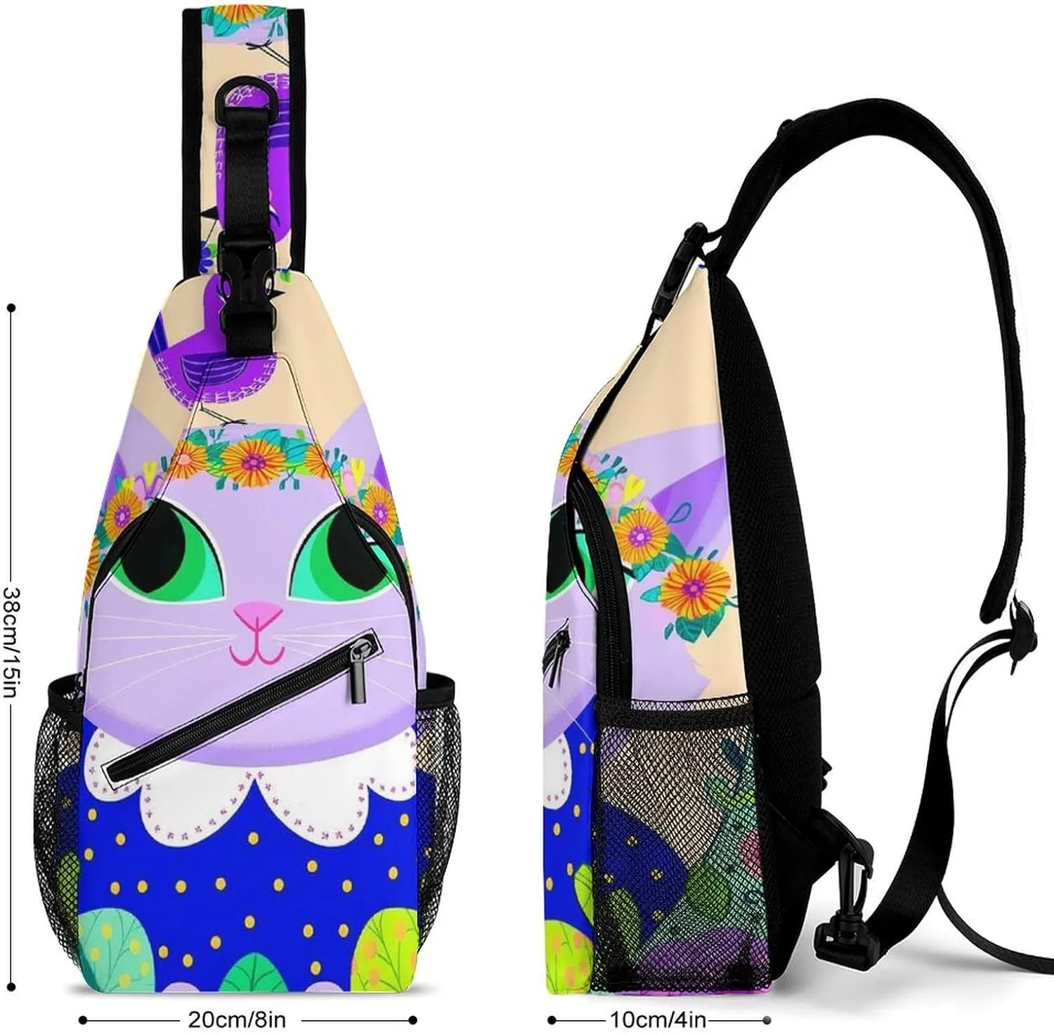 Ultra Lightweight Sling Shoulder Backpack Shoulder Chest Crossbody Bag Multipurpose Anti-Theft Daypack for Hiking Cycling Camping Travel, Cartoon Cats Birds Flowers Childlike And Dreamy Art Bookbag