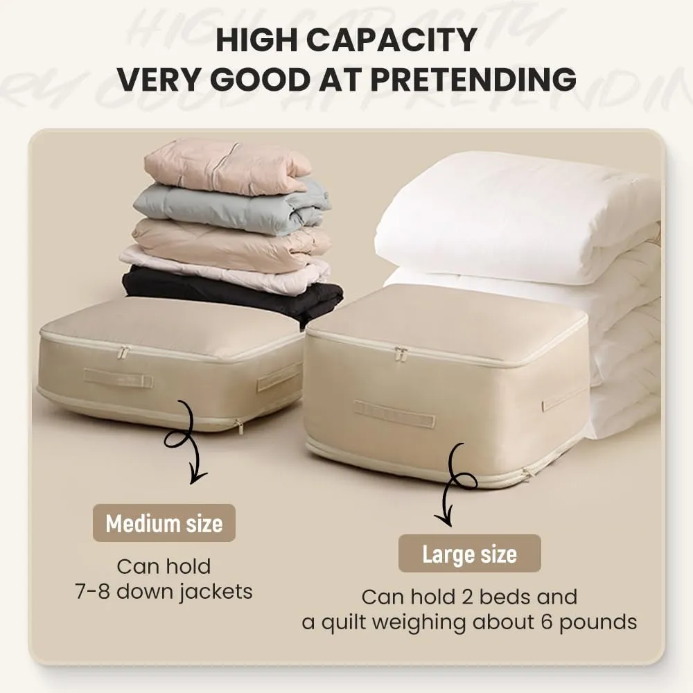 Ultra Space Saving Self Compression Organizer, 2024 New Heavy Duty Storage Travel Packing Storage Tote, Premium Moving Bags Space Bags with Handles for Clothes Blankets Bed Quilt (Beige, X-Large)