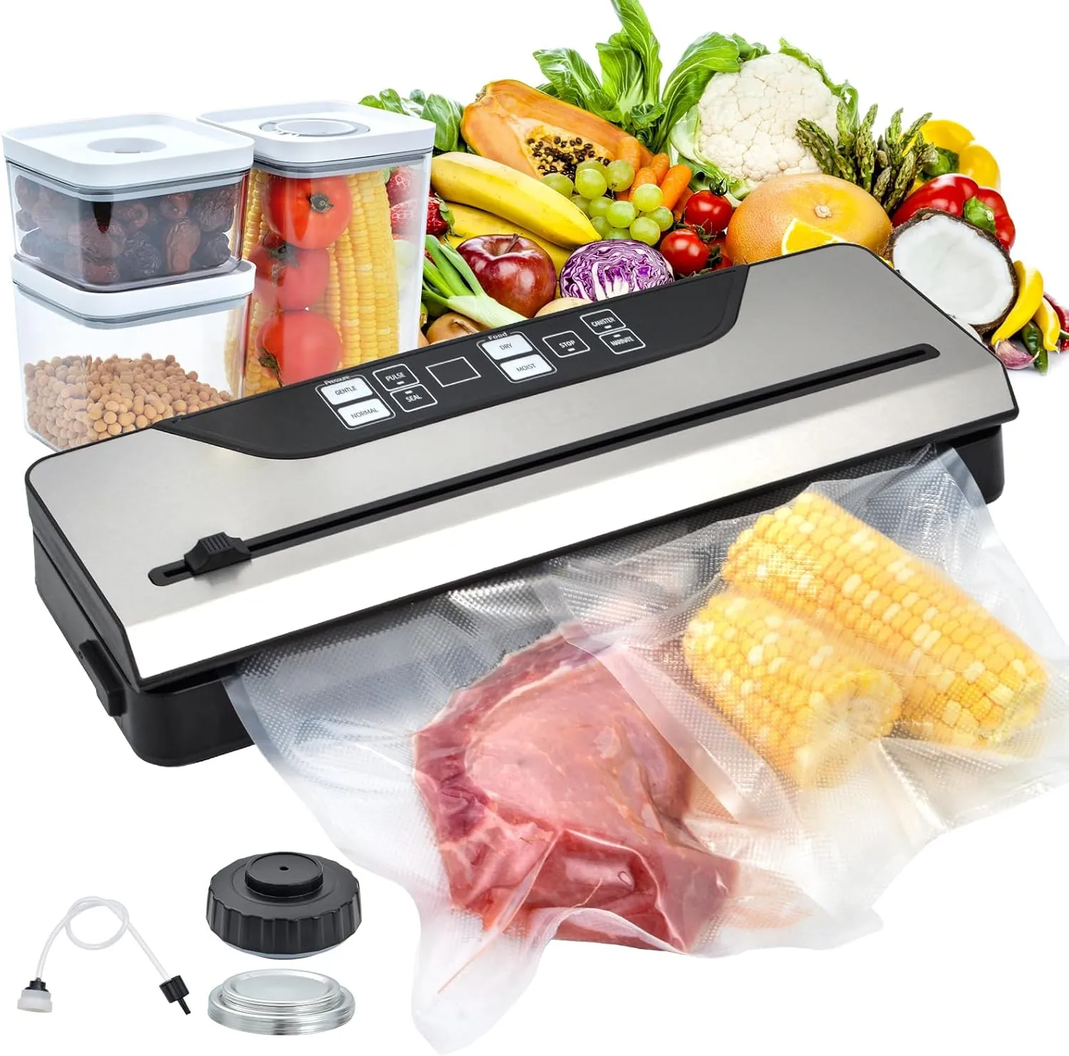 Vacuum Sealer for Food Electric Mason Jar Vacuum Sealer Machine Digital Display 8 In 1 Simplified Presets With Built in Cutter 3 Food Storage Container and Full Starter Kit