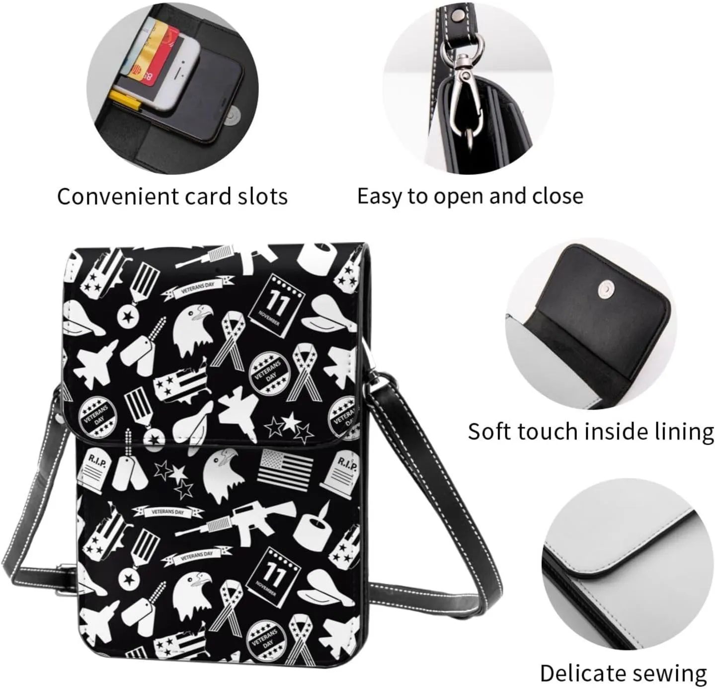 Veterans Day and Eagle USA Flag Cell Phone Purse Small Crossbody Bag For Women Men Wallet Purse With Adjustable Strap