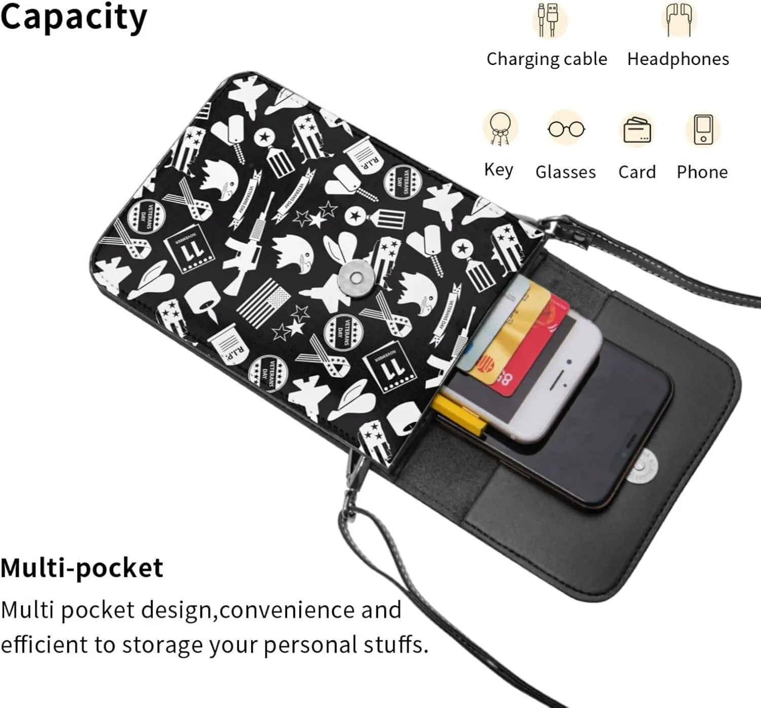 Veterans Day and Eagle USA Flag Cell Phone Purse Small Crossbody Bag For Women Men Wallet Purse With Adjustable Strap