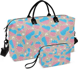 VIGTRO Travel Duffel Bag Weekender Overnight Bag with Toiletry Bag 4th Of July Hearts Butterflies Printed, Carry On Luggage Bag Independence Day for Hospital Gym Travel Business, 2 Pcs Set