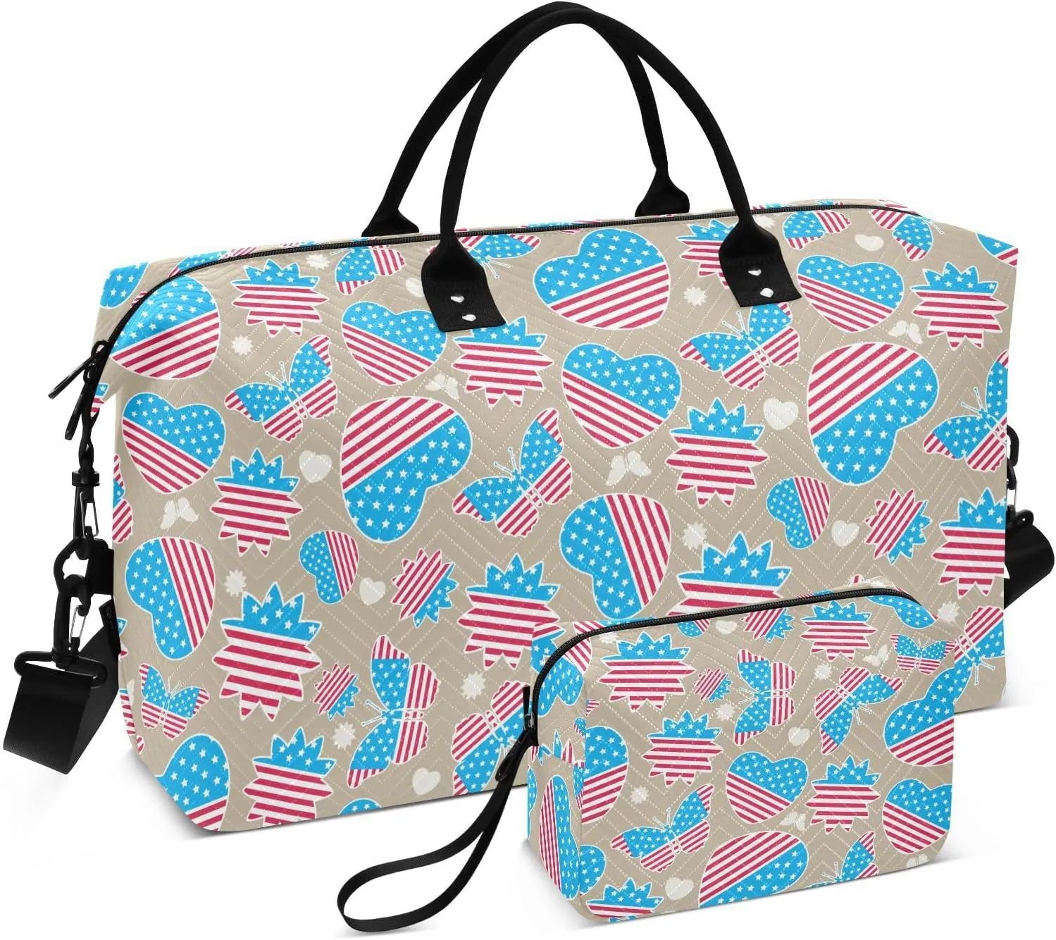 VIGTRO Travel Duffel Bag Weekender Overnight Bag with Toiletry Bag 4th Of July Hearts Butterflies Printed, Carry On Luggage Bag Independence Day for Hospital Gym Travel Business, 2 Pcs Set