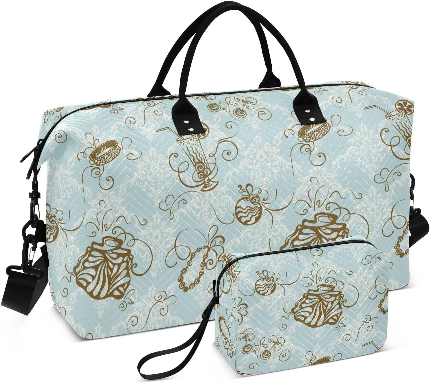 VIGTRO Travel Duffel Bag Weekender Overnight Bag with Toiletry Bag Beverage Ring Flowers Pattern Printed, Carry On Luggage Bag for Hospital Gym Travel Business, 2 Pcs Set