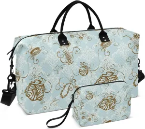 VIGTRO Travel Duffel Bag Weekender Overnight Bag with Toiletry Bag Beverage Ring Flowers Pattern Printed, Carry On Luggage Bag for Hospital Gym Travel Business, 2 Pcs Set