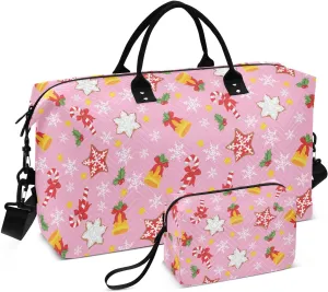 VIGTRO Travel Duffel Bag Weekender Overnight Bag with Toiletry Bag Christmas Candy Snowflake Bell Printed, Carry On Luggage Bag for Hospital Gym Travel Business, 2 Pcs Set
