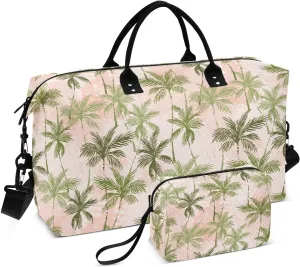 VIGTRO Weekender Bag Travel Duffle Bag for Women Men Tropics Palm Trees Printed, Overnight Bag for Gym Work with Toiletry Bag, Summer Beach 2 PCS Set