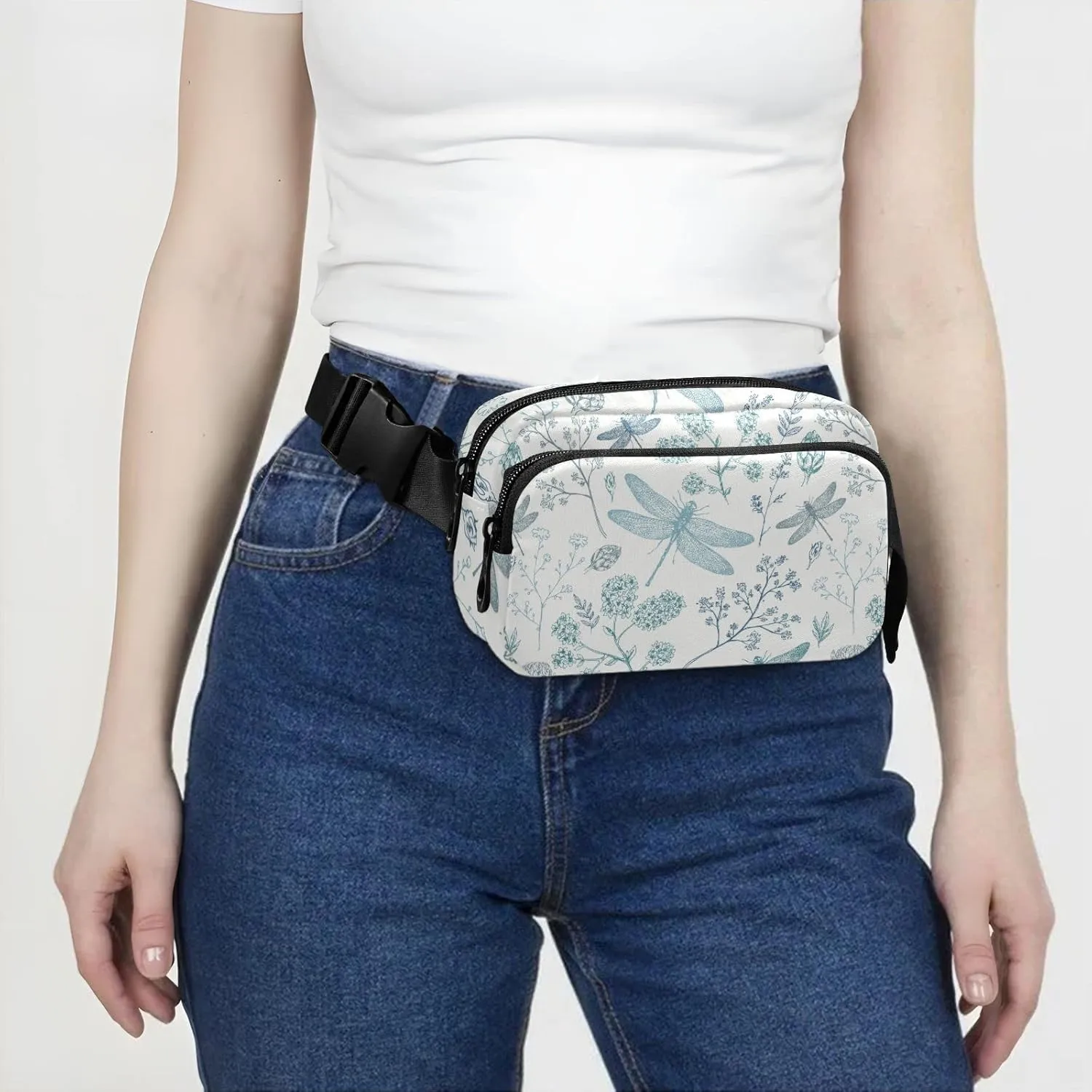 Vintage Dragonfly Herbs Leaves Seamless on White Adjustable Belt Running Bag, Crossbody Fanny Pack Waist Runners Bag Tote for Women Men Sports Hiking Fitness Exercise Gym Pouch