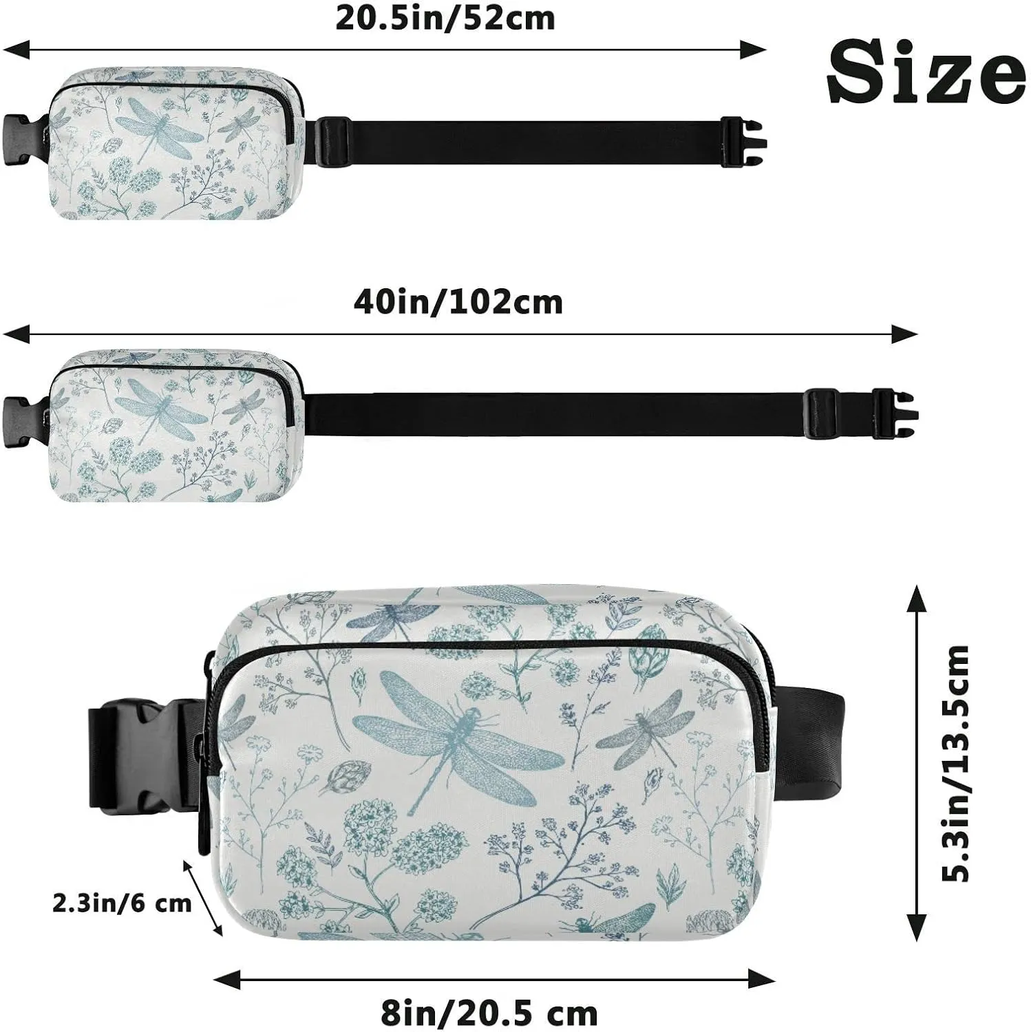 Vintage Dragonfly Herbs Leaves Seamless on White Adjustable Belt Running Bag, Crossbody Fanny Pack Waist Runners Bag Tote for Women Men Sports Hiking Fitness Exercise Gym Pouch
