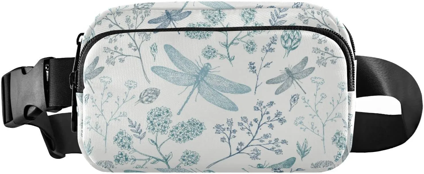 Vintage Dragonfly Herbs Leaves Seamless on White Adjustable Belt Running Bag, Crossbody Fanny Pack Waist Runners Bag Tote for Women Men Sports Hiking Fitness Exercise Gym Pouch