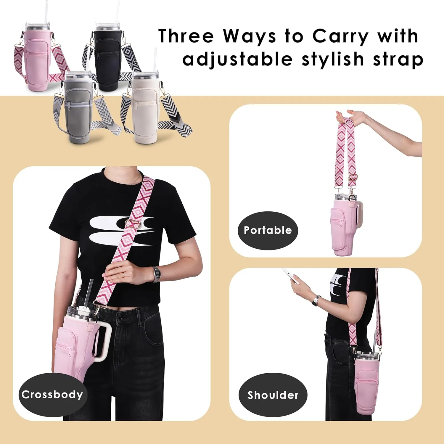 Viva Terry Water Bottle Carrier Bag with Strap and Phone Pocket Modern 40oz 30oz Tumbler Carrier with Strap Fit for Stanley Cup with Handle