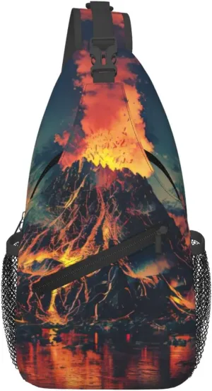 Volcano Print Crossbody Bag Is Suitable For Outdoor Hiking, Work, And Daily Travel