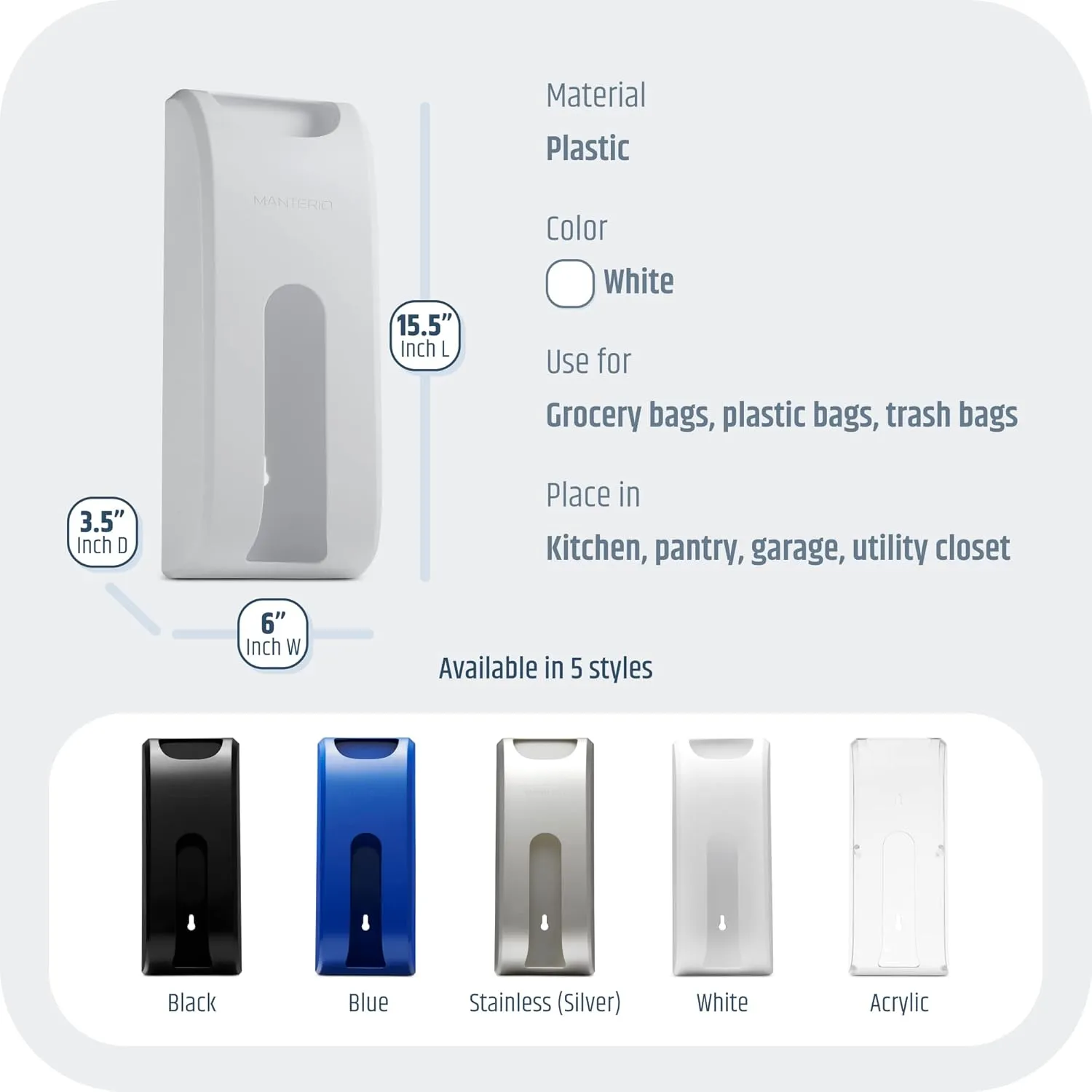 Wall-Mount Grocery Bag Dispenser | Space-Saving Design | Easy Install | Smudge-Proof, Fingerprint-Resistant | White | Holds Most Bags for Maximum Storage