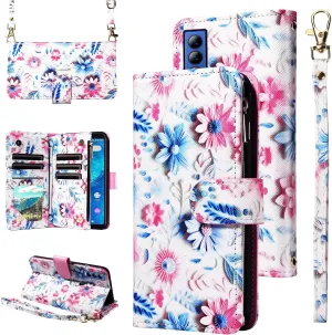 Wallet Case for AT&T Motivate Max U668AA/Cricket Ovation 3 U668AC with Wrist Strap Crossbody Shoulder Strap Flower Leather Zipper Purse Card Holder Protector Stand Phone Cover ATT Girls Pink