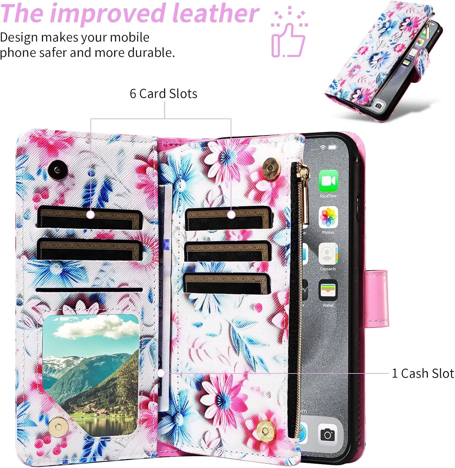 Wallet Case for AT&T Motivate Max U668AA/Cricket Ovation 3 U668AC with Wrist Strap Crossbody Shoulder Strap Flower Leather Zipper Purse Card Holder Protector Stand Phone Cover ATT Girls Pink