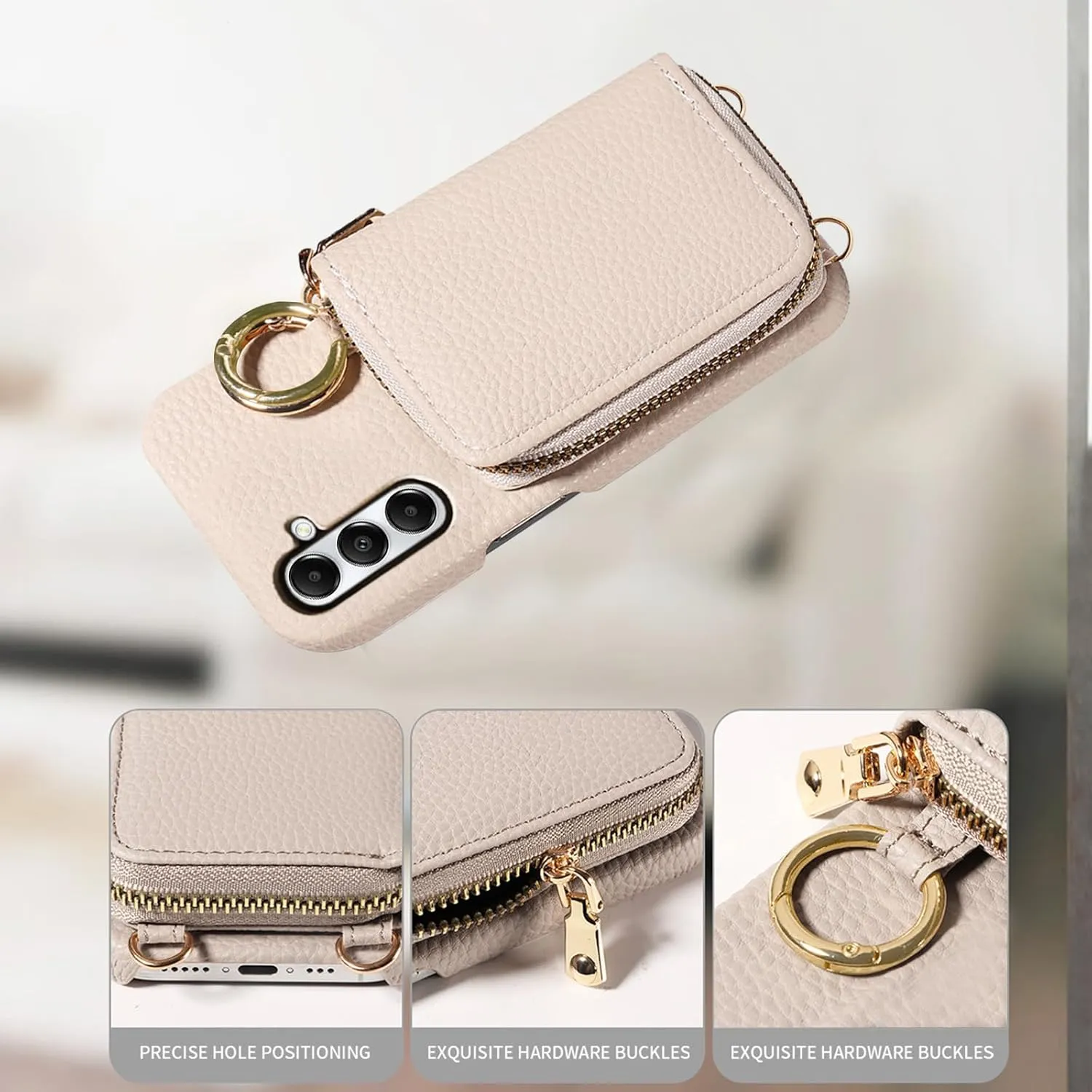 Wallet Case for Samsung Galaxy A35 5G with Shoulder Strap Ring Buckle, Luxury PU Leather Zipper Flip Organ Purse, Credit Card Holder Stand Cell Phone Cover for A 35 35A A355G Women Men White
