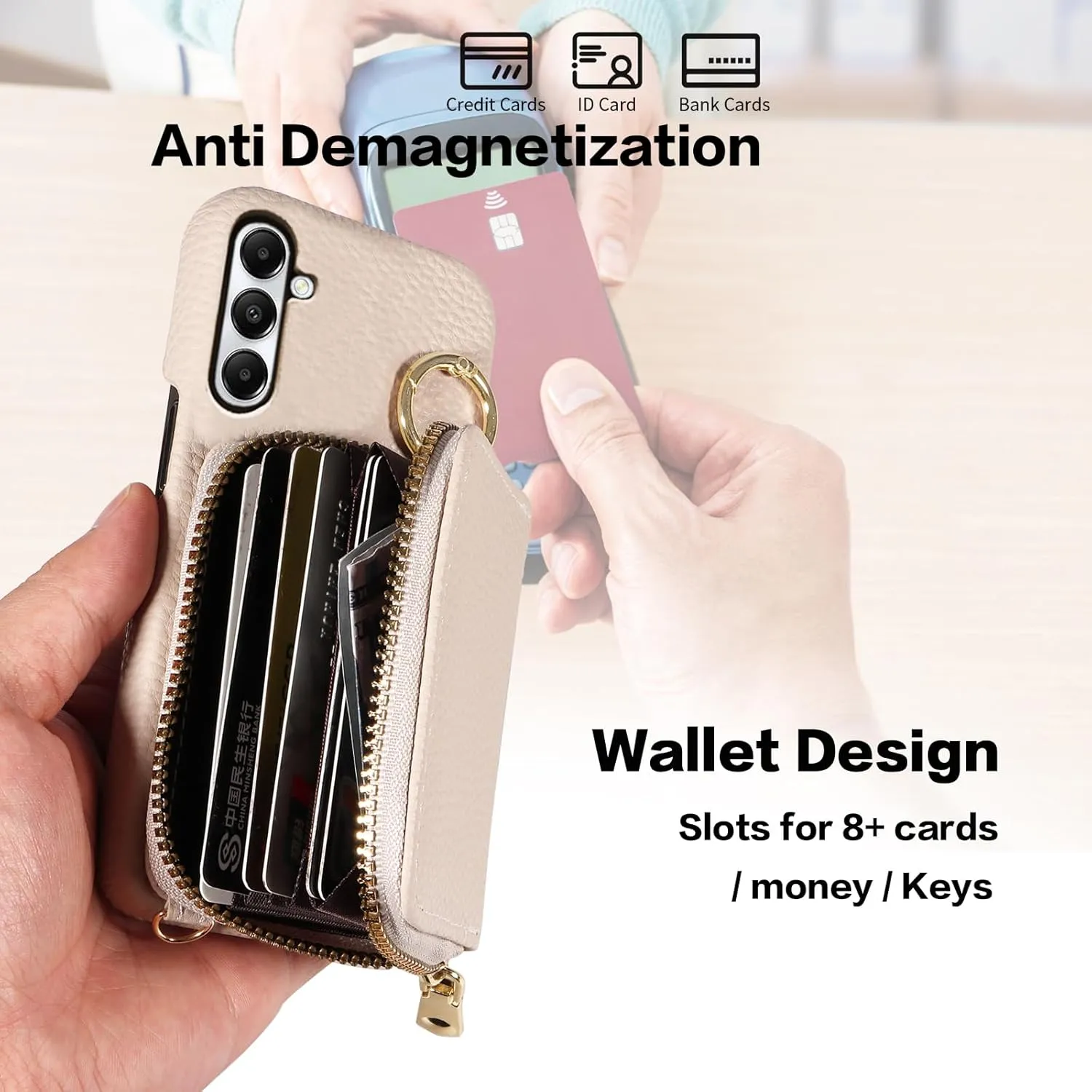 Wallet Case for Samsung Galaxy A35 5G with Shoulder Strap Ring Buckle, Luxury PU Leather Zipper Flip Organ Purse, Credit Card Holder Stand Cell Phone Cover for A 35 35A A355G Women Men White