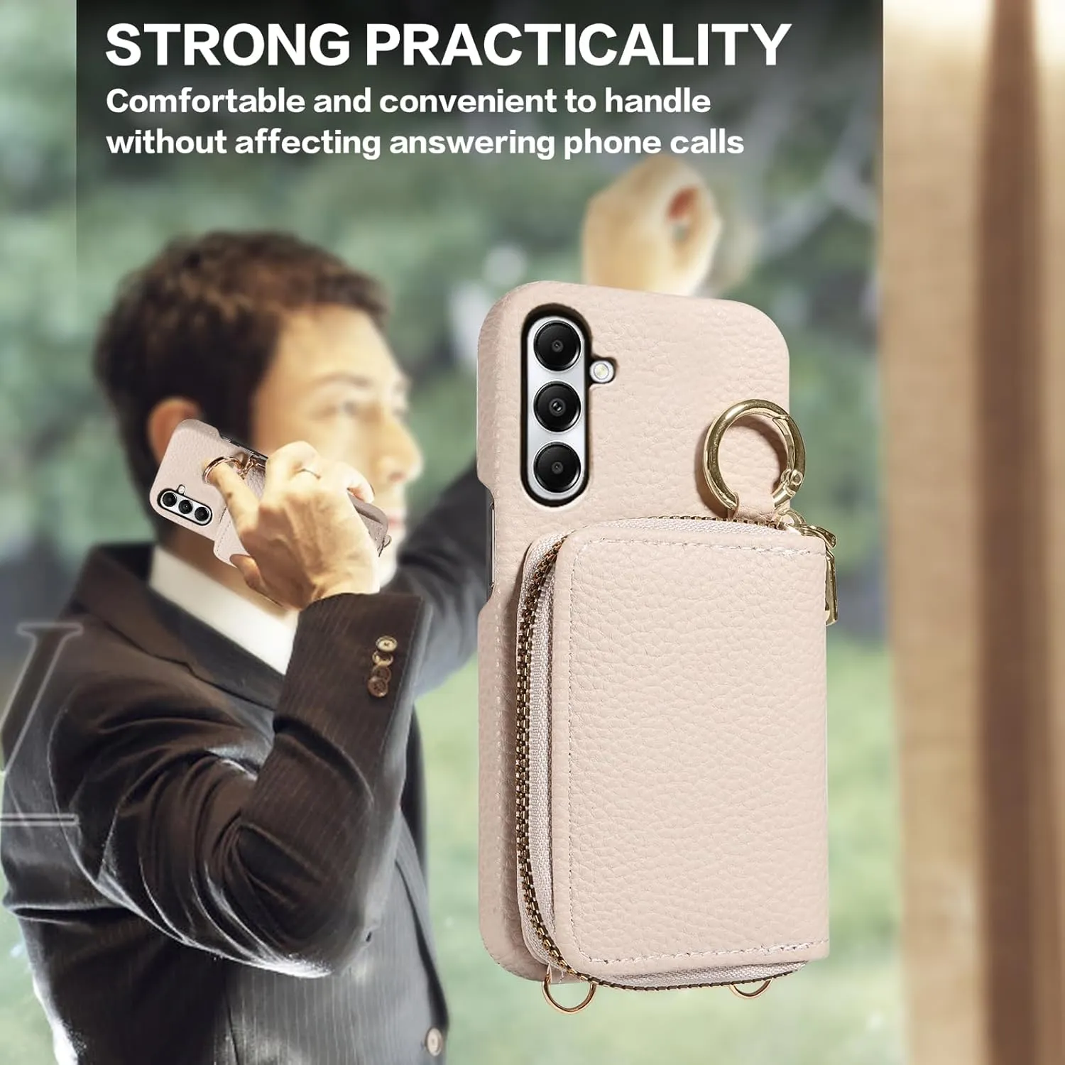 Wallet Case for Samsung Galaxy A35 5G with Shoulder Strap Ring Buckle, Luxury PU Leather Zipper Flip Organ Purse, Credit Card Holder Stand Cell Phone Cover for A 35 35A A355G Women Men White