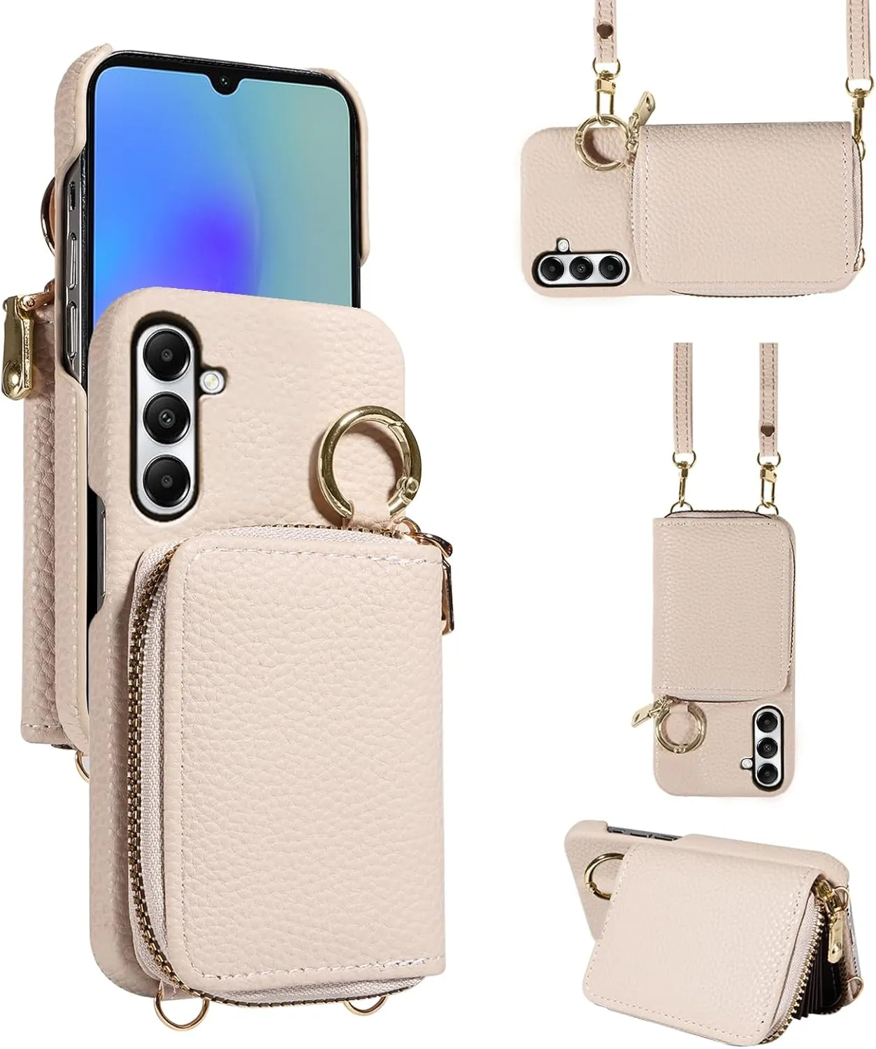 Wallet Case for Samsung Galaxy A35 5G with Shoulder Strap Ring Buckle, Luxury PU Leather Zipper Flip Organ Purse, Credit Card Holder Stand Cell Phone Cover for A 35 35A A355G Women Men White