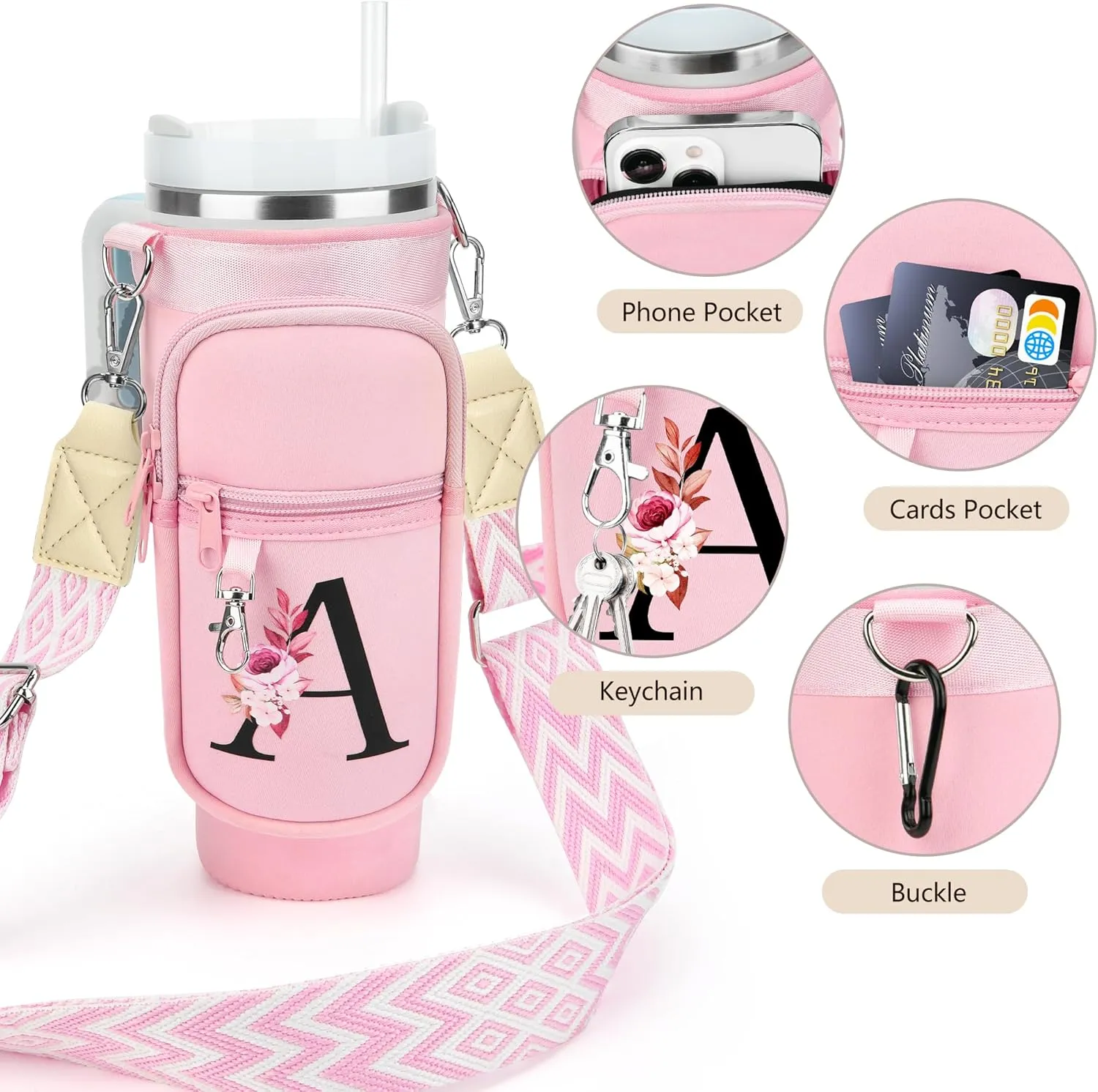 Water Bottle Carrier Bag for Stanley 40 oz Tumbler with Phone Pocket, Stanley Cup Holder with Strap, Personalized Stanley Cup Accessories Gift for Birthday, Mother’s Day, Graduation & Summer Travel.