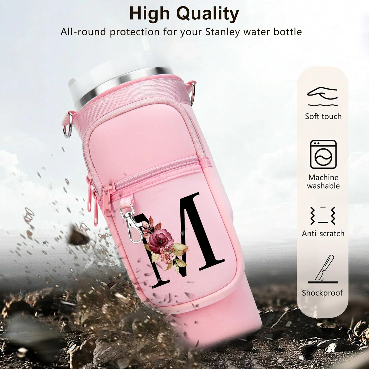 Water Bottle Carrier Bag for Stanley 40 oz Tumbler with Phone Pocket, Stanley Cup Holder with Strap, Personalized Stanley Cup Accessories Gift for Birthday, Mother’s Day, Graduation & Summer Travel.